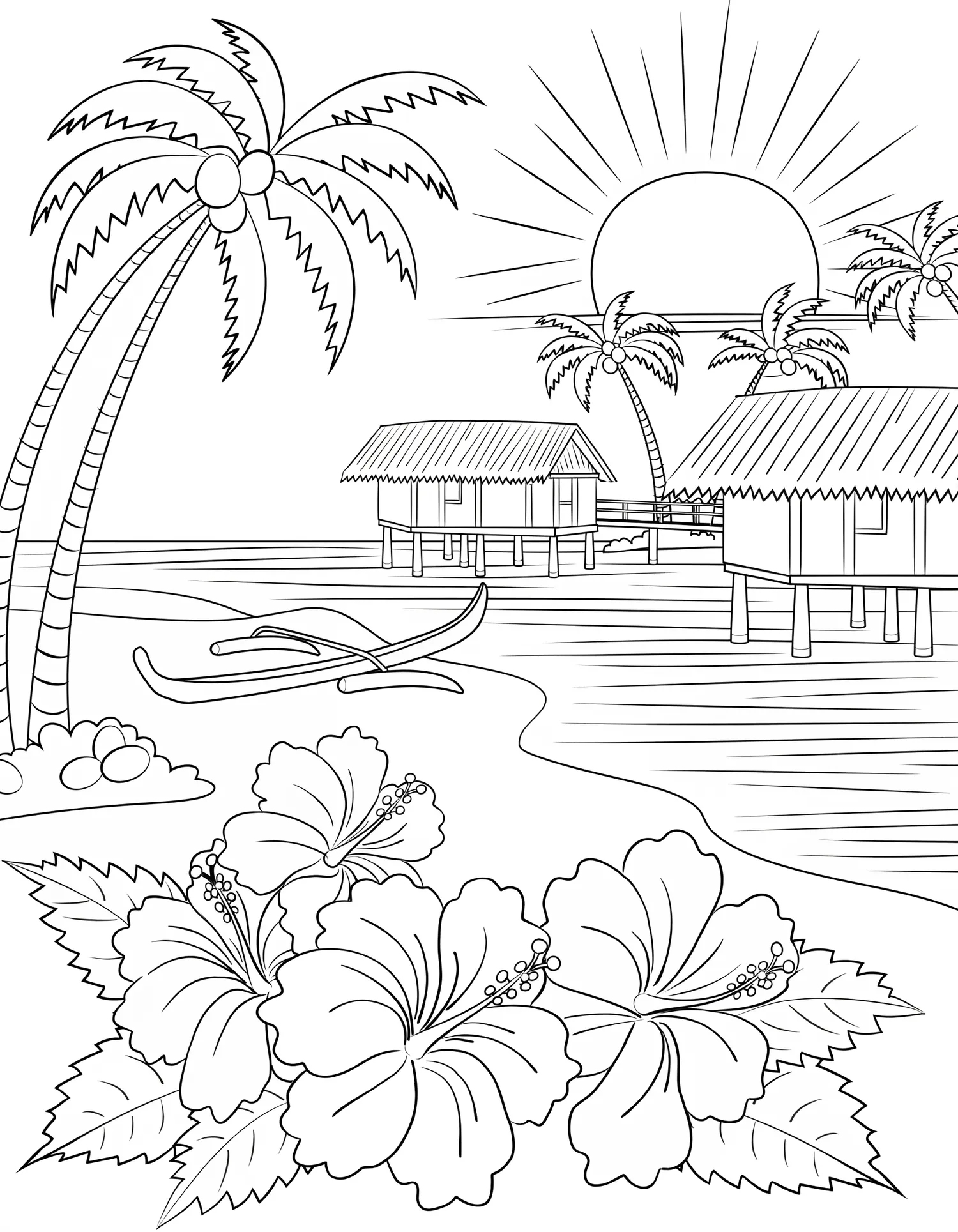 Coucher de Soleil sur l'Océan — Coloriage paysage à imprimer gratuitement